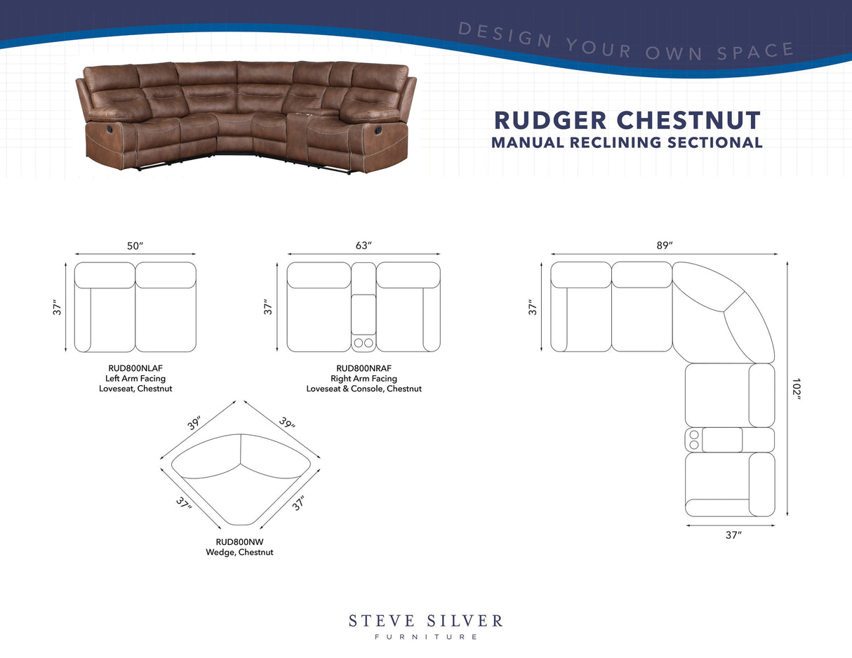 Rudger 3-Piece Manual Reclining Sectional, Chestnut from Steve Silver - Luna Furniture