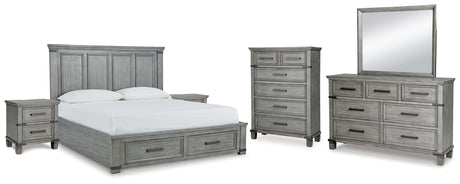 Russelyn California King Storage Bed with Mirrored Dresser, Chest and 2 Nightstands in Gray from Ashley - Luna Furniture