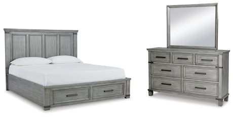 Russelyn California King Storage Bed with Mirrored Dresser in Gray from Ashley - Luna Furniture