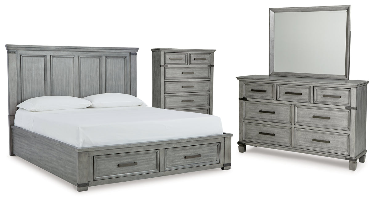 Russelyn King Storage Bed with Mirrored Dresser and Chest in Gray from Ashley - Luna Furniture