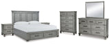 Russelyn King Storage Bed with Mirrored Dresser, Chest and 2 Nightstands in Gray from Ashley - Luna Furniture