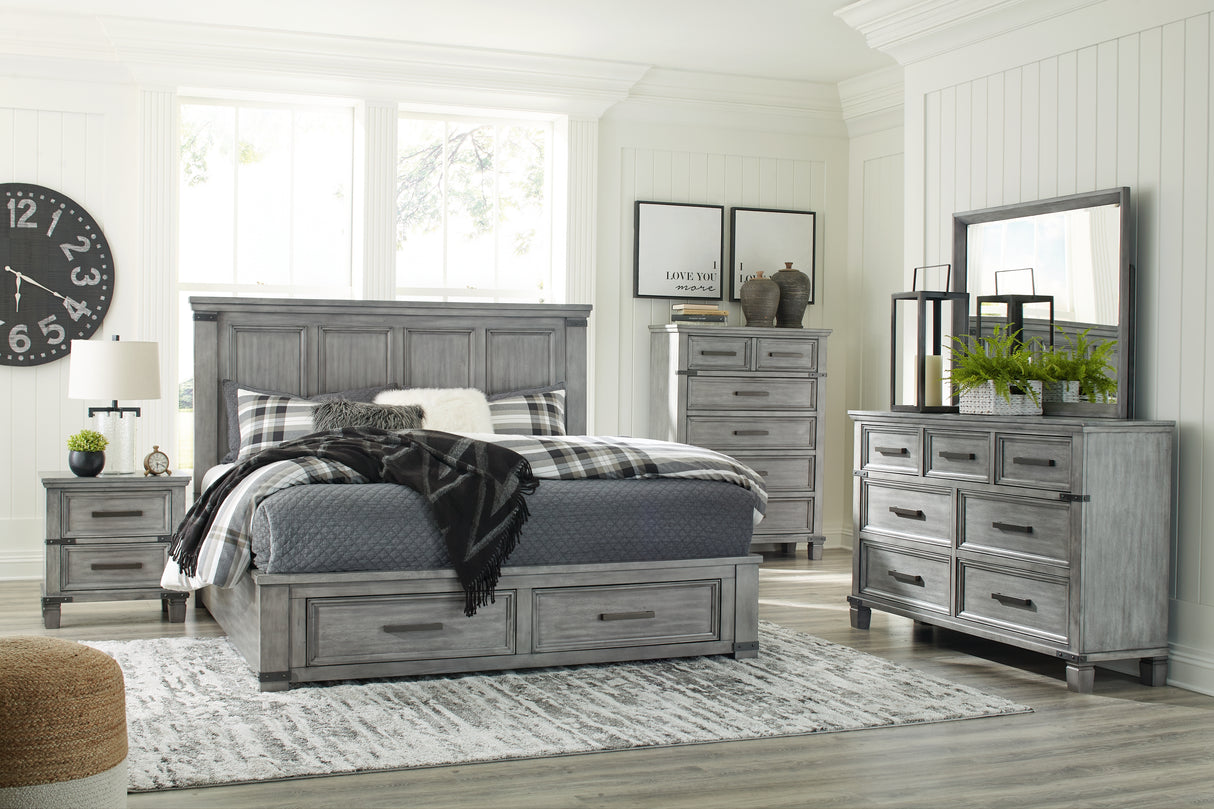 Russelyn King Storage Bed with Mirrored Dresser, Chest and 2 Nightstands in Gray from Ashley - Luna Furniture