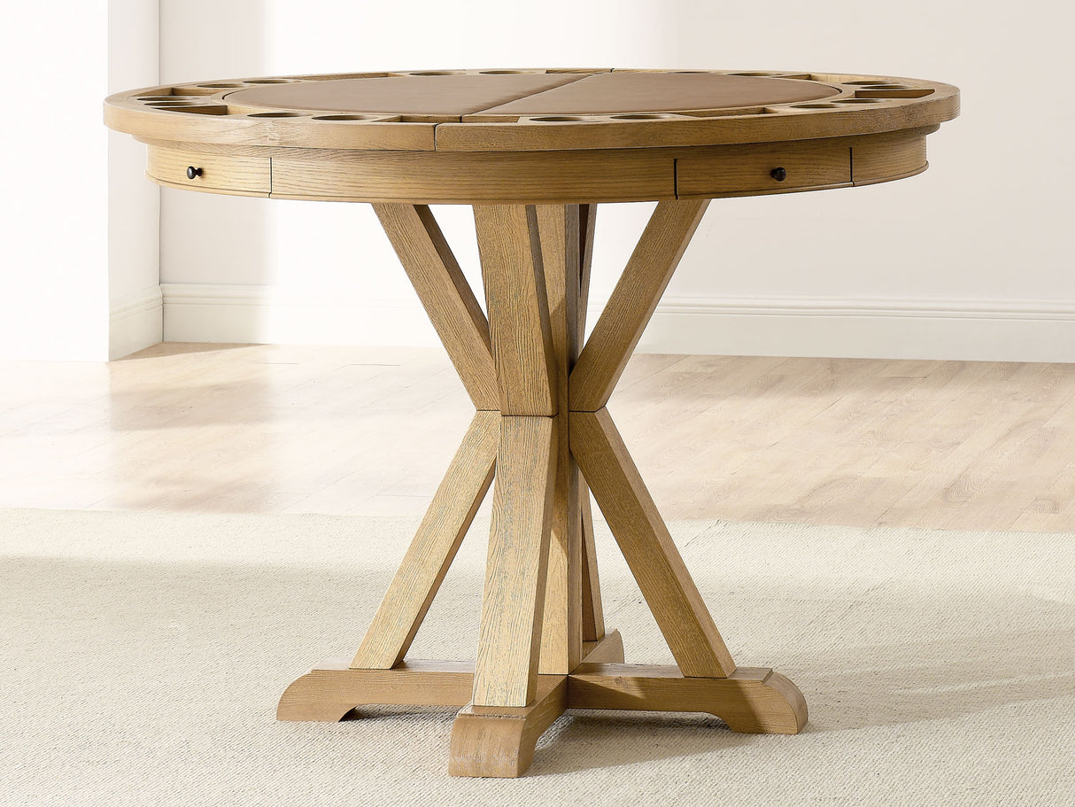 Rylie 48-inch Round Counter Dining Table with 4 Drawers and Folding Game Top, Natural Finish from Steve Silver - Luna Furniture