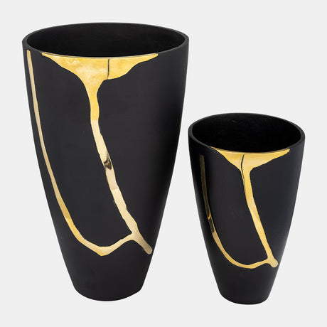 S/2 9/14", Metal Cracked Design Vases, Brass/cha from Sagebrook Home - Luna Furniture