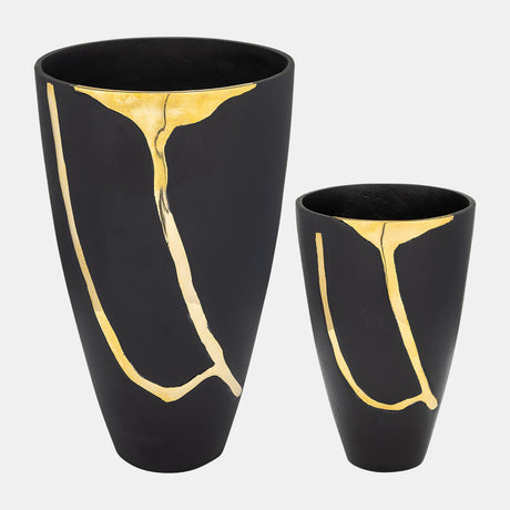 S/2 9/14", Metal Cracked Design Vases, Brass/cha from Sagebrook Home - Luna Furniture