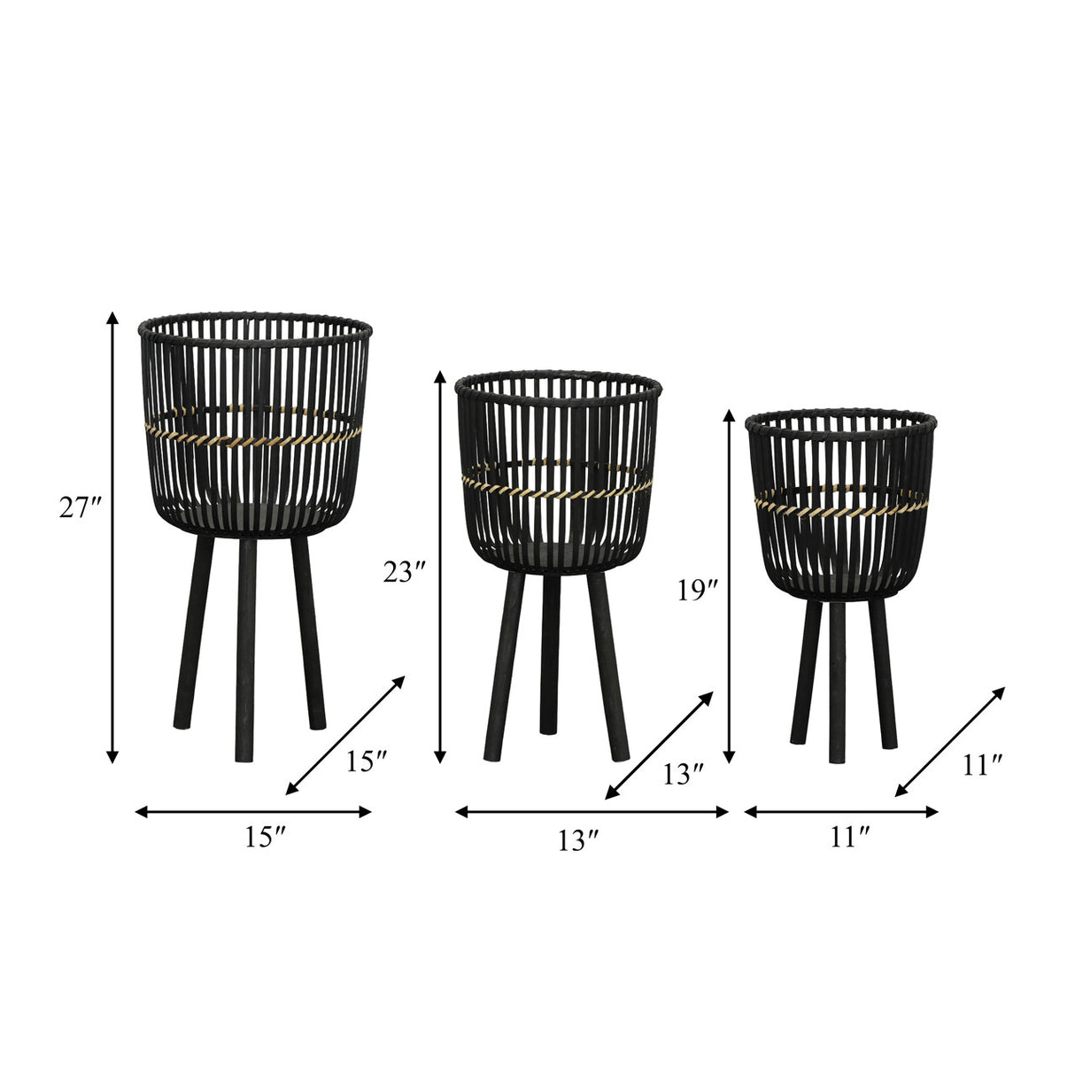 S/3 Bamboo Footed Planters 11/13/15", Black from Sagebrook Home - Luna Furniture