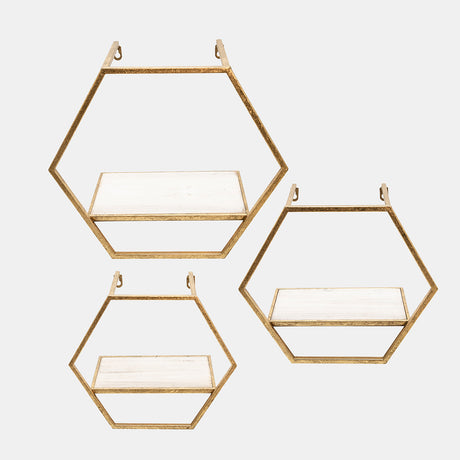 S/3 Metal/wood Hexagon Wall Shelves, Gold from Sagebrook Home - Luna Furniture