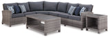 Salem Beach 3-Piece Outdoor Sectional with Chair, Coffee Table and End Table in Gray from Ashley - Luna Furniture