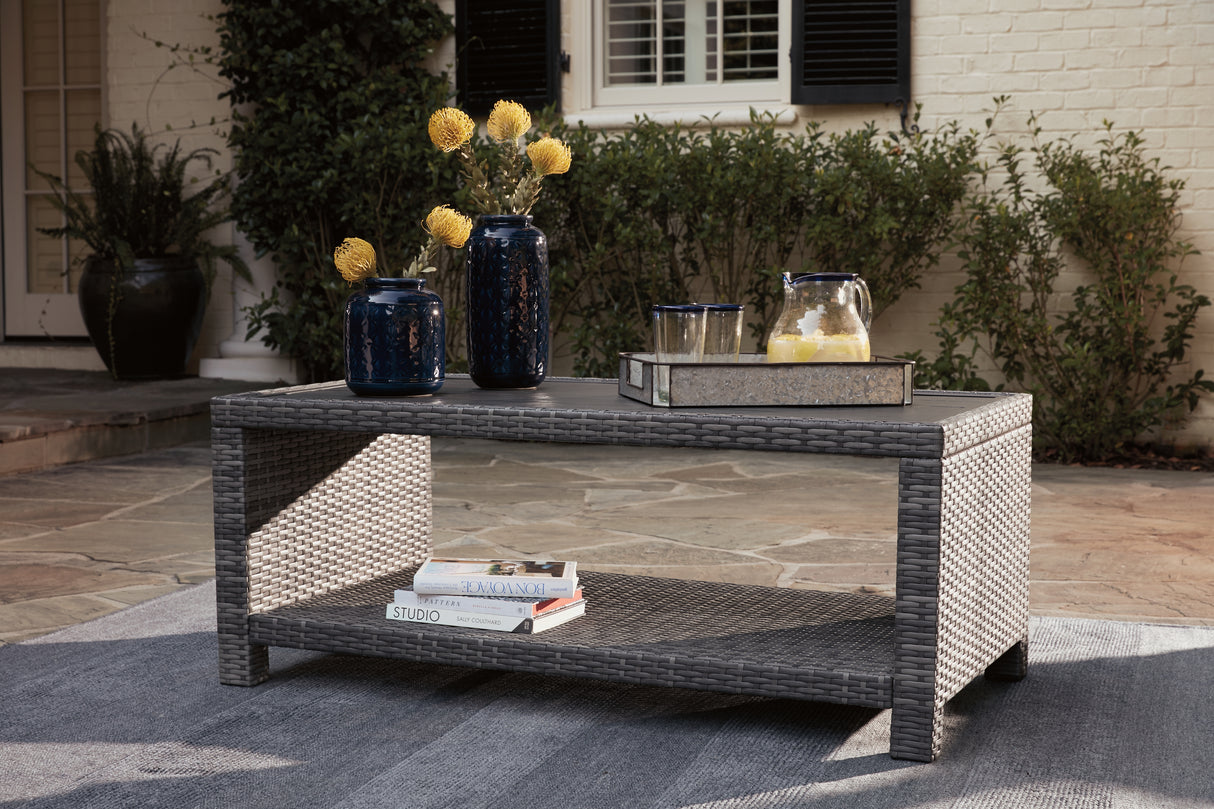 Salem Beach 3-Piece Outdoor Sectional with Chair, Coffee Table and End Table in Gray from Ashley - Luna Furniture