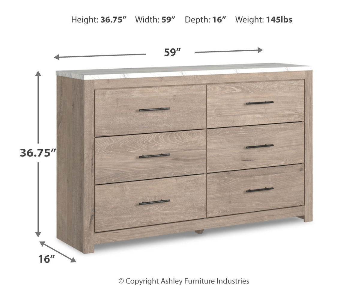 Senniberg King Panel Bed with Dresser and 2 Nightstands in Light Brown/White - PKG019162