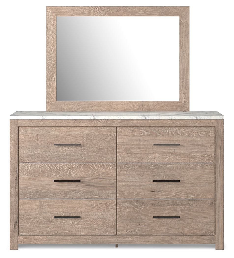 Senniberg King Panel Bed with Mirrored Dresser and Chest in Light Brown/White - PKG019159