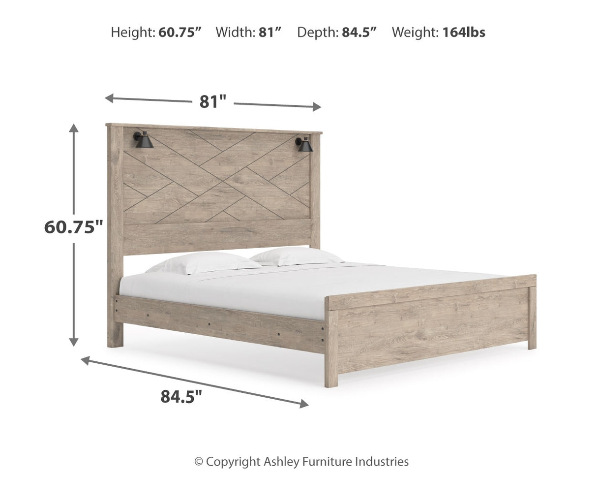 Senniberg King Panel Bed with Mirrored Dresser and Chest in Light Brown/White - PKG019159