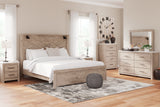 Senniberg King Panel Bed with Mirrored Dresser and Chest in Light Brown/White - PKG019159