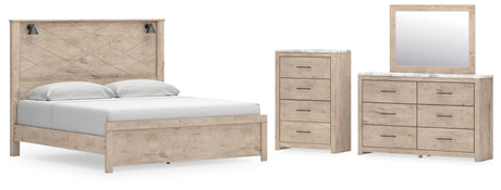 Senniberg King Panel Bed with Mirrored Dresser and Chest in Light Brown/White - PKG019159