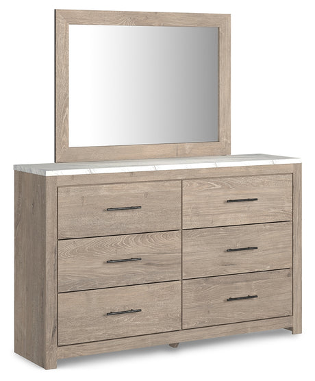 Senniberg King Panel Bed with Mirrored Dresser and Nightstand in Light Brown/White - PKG019158