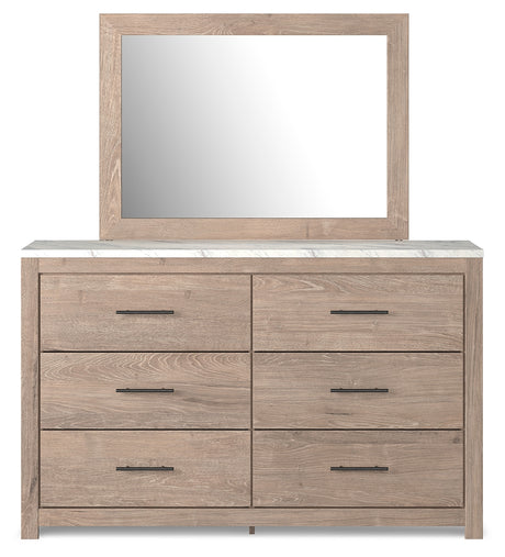 Senniberg King Panel Bed with Mirrored Dresser, Chest and Nightstand in Light Brown/White - PKG019160