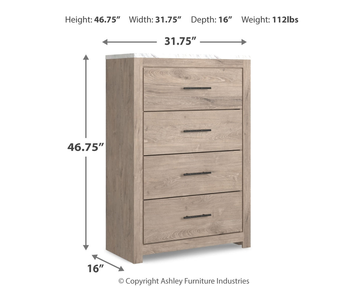 Senniberg King Panel Bed with Mirrored Dresser, Chest and Nightstand in Light Brown/White - PKG019160