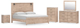 Senniberg King Panel Bed with Mirrored Dresser, Chest and Nightstand in Light Brown/White - PKG019160