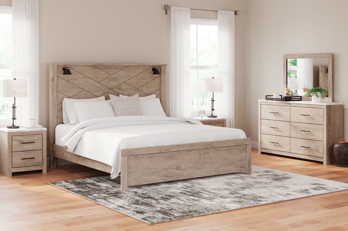 Senniberg King Panel Bed with Mirrored Dresser in Light Brown/White - PKG017962