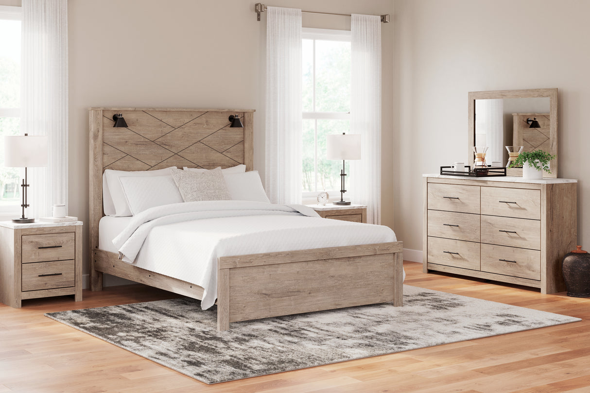 Senniberg Queen Panel Bed with Mirrored Dresser and 2 Nightstands in Light Brown/White - PKG019148