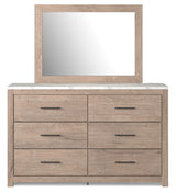 Senniberg Queen Panel Bed with Mirrored Dresser and Nightstand in Light Brown/White - PKG019150