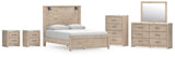 Senniberg Queen Panel Bed with Mirrored Dresser, Chest and 2 Nightstands in Light Brown/White - PKG019149