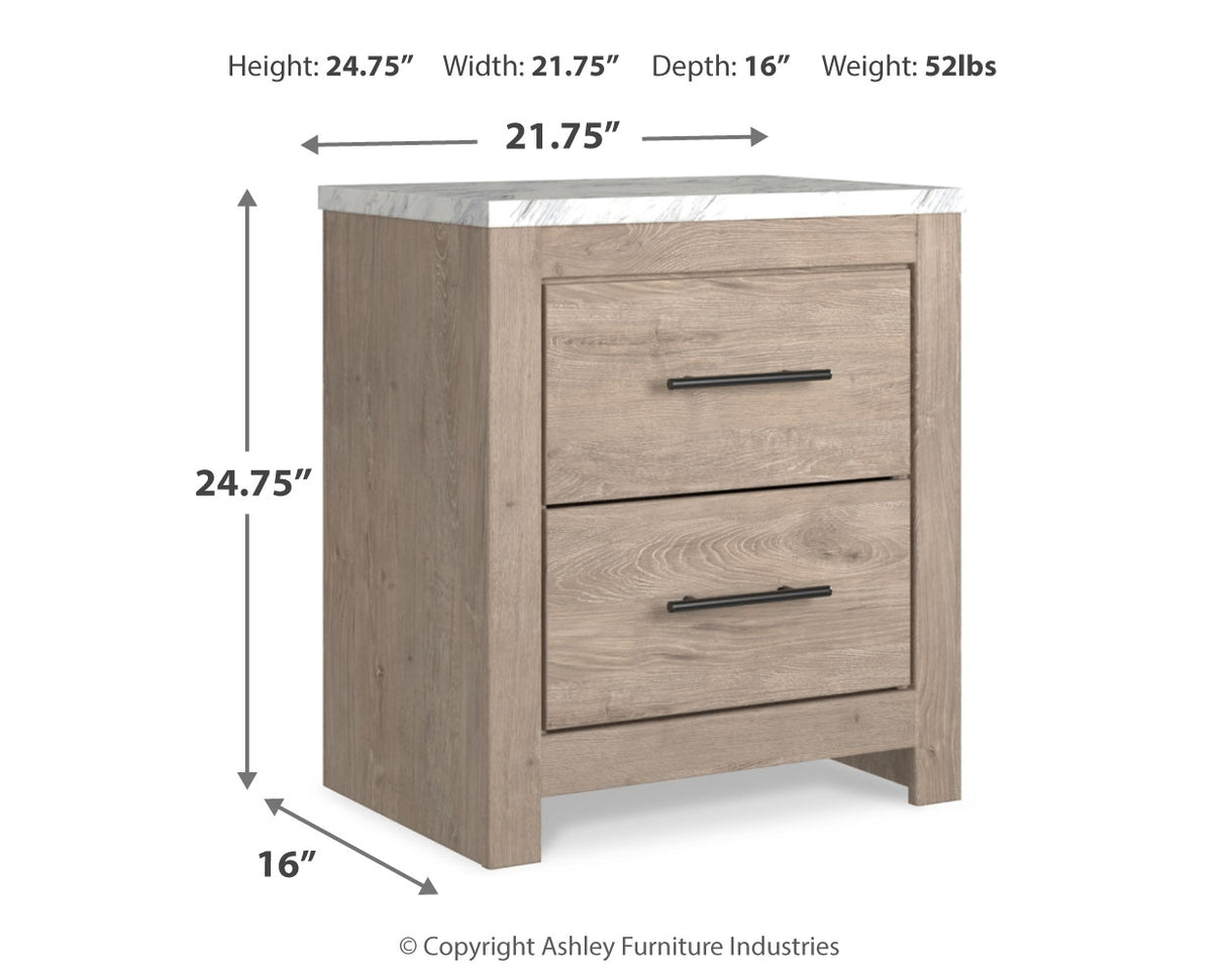 Senniberg Queen Panel Bed with Mirrored Dresser, Chest and 2 Nightstands in Light Brown/White - PKG019149