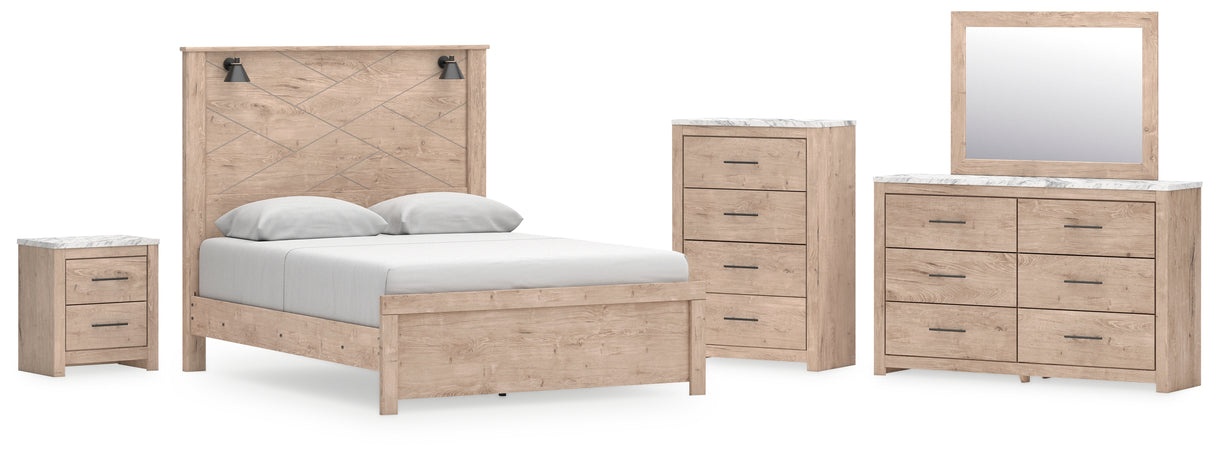 Senniberg Queen Panel Bed with Mirrored Dresser, Chest and Nightstand in Light Brown/White - PKG019152