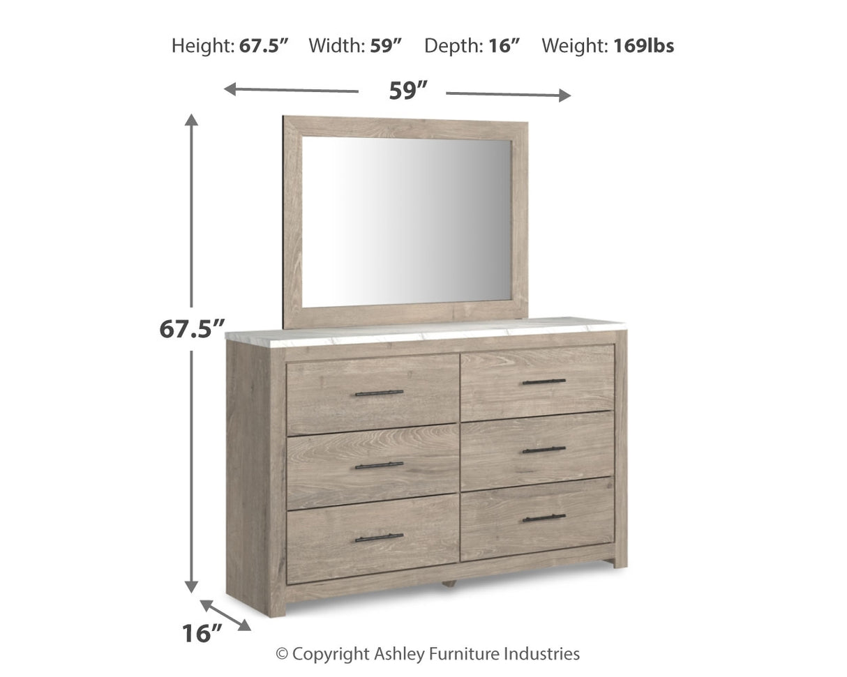 Senniberg Queen Panel Bed with Mirrored Dresser, Chest and Nightstand in Light Brown/White - PKG019152