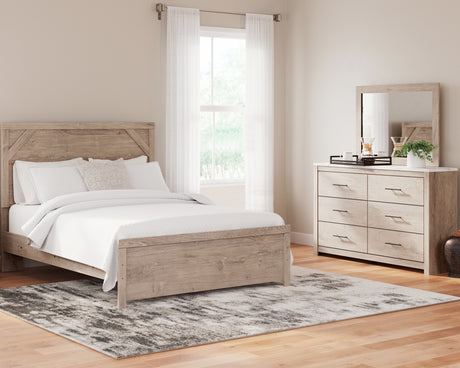 Senniberg Queen Panel Bed with Mirrored Dresser in Light Brown/White from Ashley - Luna Furniture