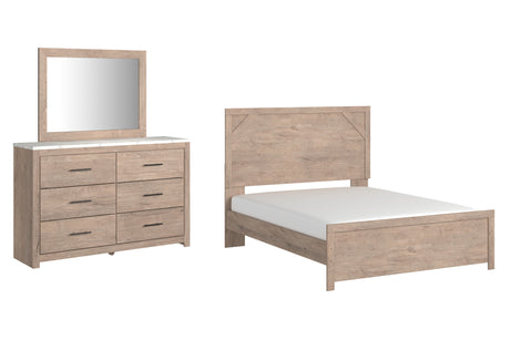 Senniberg Queen Panel Bed with Mirrored Dresser in Light Brown/White from Ashley - Luna Furniture