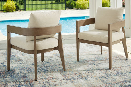 Serene Bay Dark Brown/White Outdoor Dining Arm Chair with Cushion - P671-601A