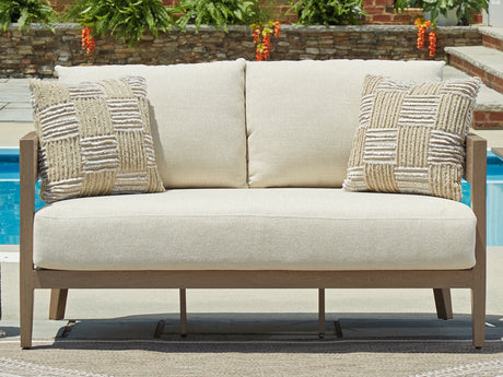 Serene Bay Dark Brown/White Outdoor Loveseat with Cushion - P671-835