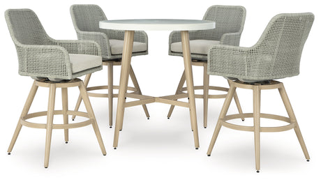 Seton Creek Outdoor Bar Table and 4 Barstools in Beige from Ashley - Luna Furniture