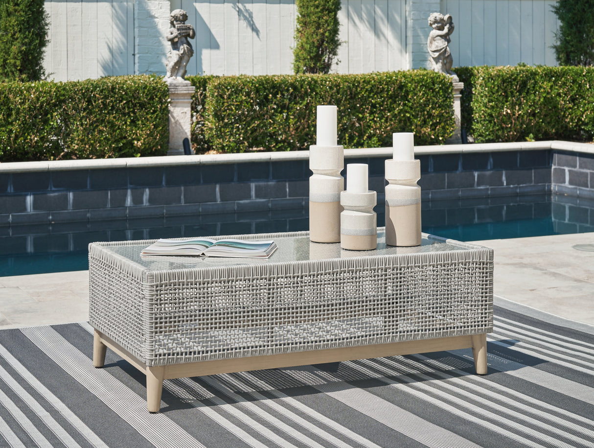 Seton Creek Outdoor Sofa and 2 Chairs with Coffee Table in Gray - PKG016267