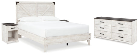 Shawburn Queen Platform Bed with Dresser and 2 Nightstands in White/Dark Charcoal Gray - PKG016198