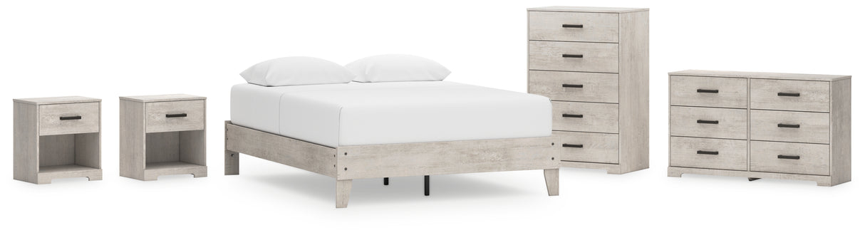 Shawburn Queen Platform Bed with Dresser, Chest and 2 Nightstands in Whitewash - PKG020653