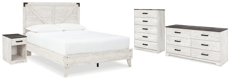 Shawburn Queen Platform Bed with Dresser, Chest and Nightstand in White/Dark Charcoal Gray - PKG016200