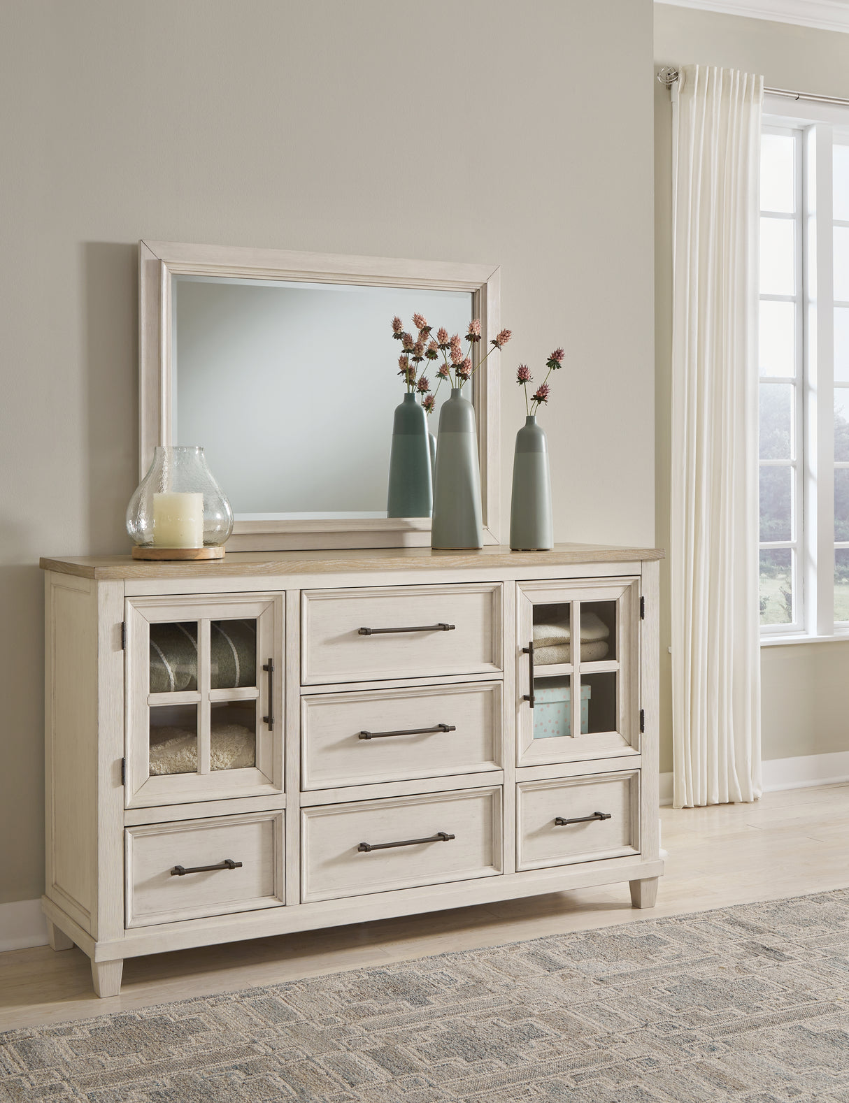 Shaybrock California King Panel Bed with Mirrored Dresser in Antique White from Ashley - Luna Furniture