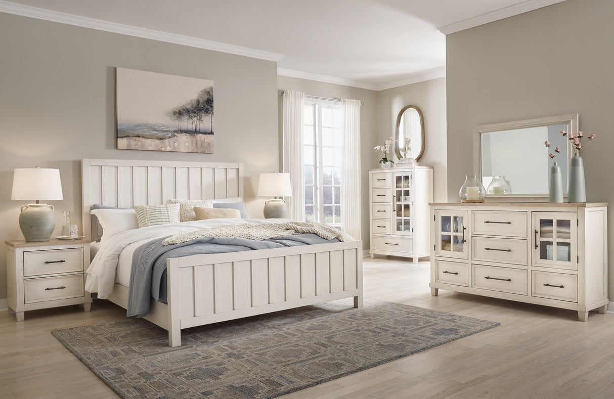 Shaybrock King Panel Bed with Mirrored Dresser and 2 Nightstands in Antique White from Ashley - Luna Furniture