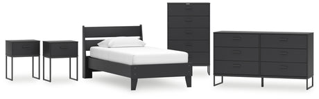 Socalle Twin Panel Platform Bed with Dresser, Chest and 2 Nightstands in Black - PKG019058