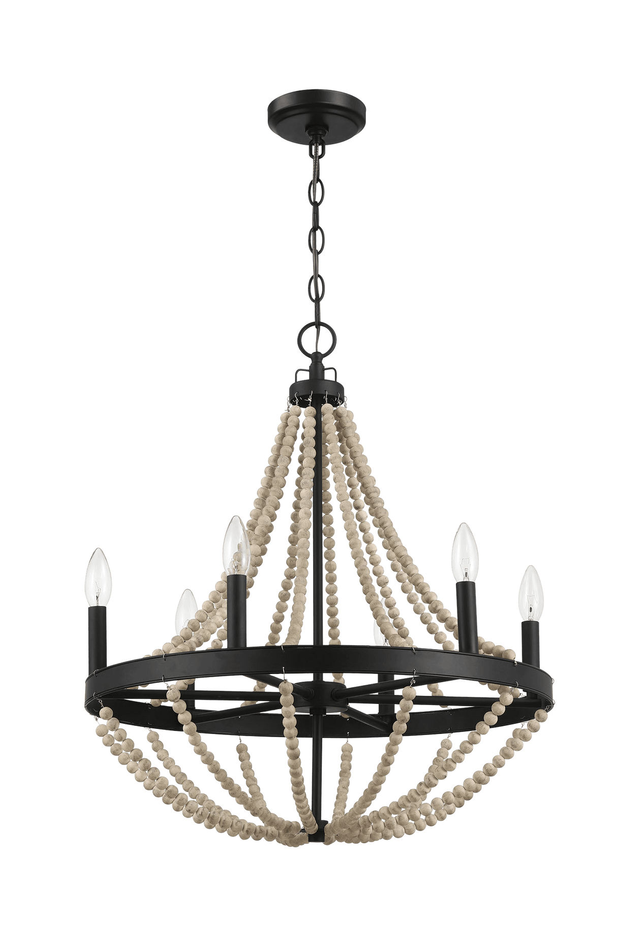 Starry Wood Chandelier Farmhouse Six Candle Light Wood Beaded Black Pendant Light for Dining Room - PNL03901301