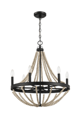 Starry Wood Chandelier Farmhouse Six Candle Light Wood Beaded Black Pendant Light for Dining Room - PNL03901301