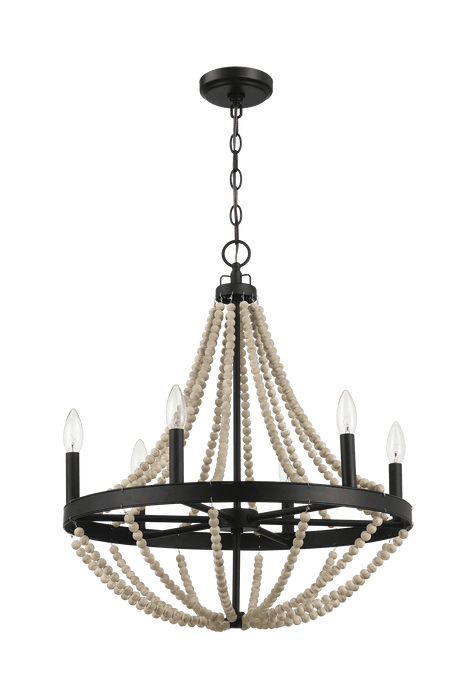 Starry Wood Chandelier Farmhouse Six Candle Light Wood Beaded Black Pendant Light for Dining Room - PNL03901301