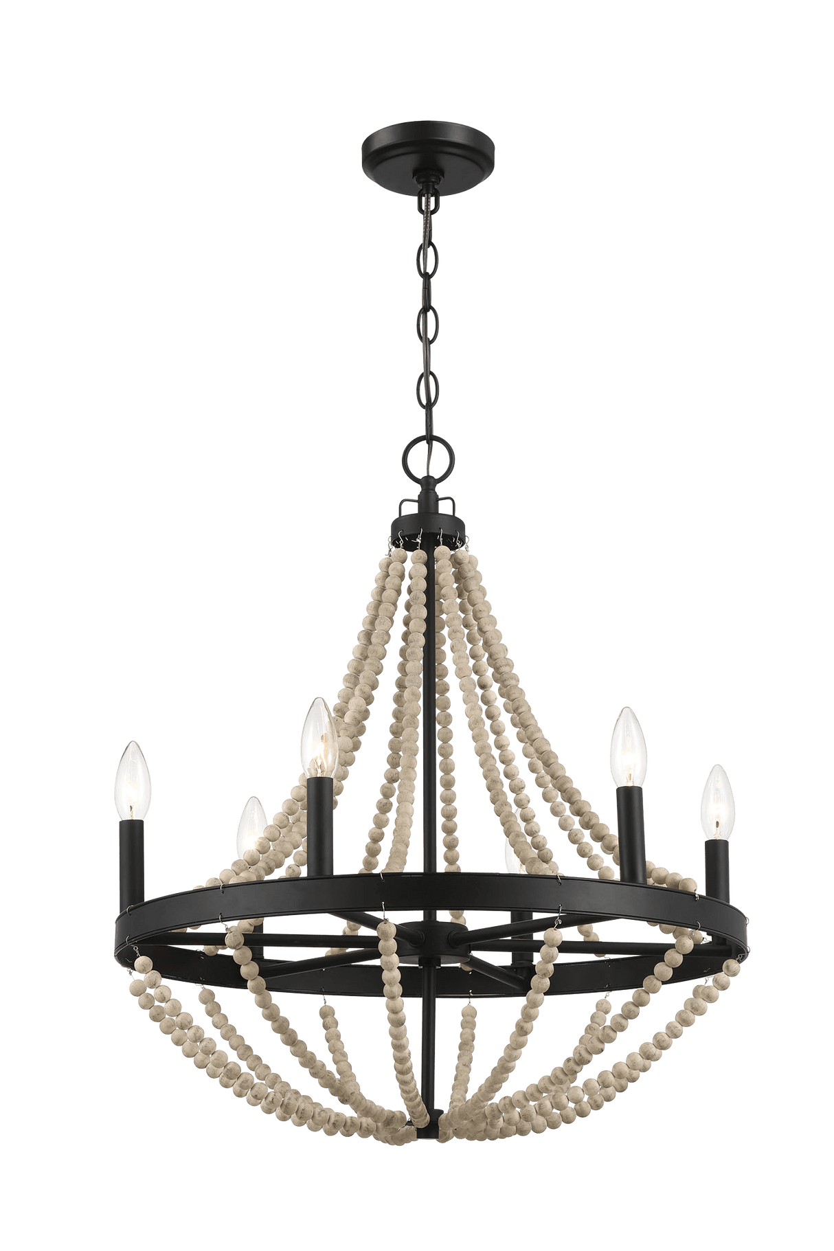 Starry Wood Chandelier Farmhouse Six Candle Light Wood Beaded Black Pendant Light for Dining Room - PNL03901301