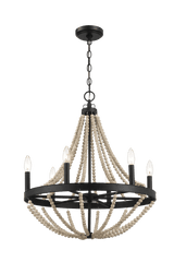 Starry Wood Chandelier Farmhouse Six Candle Light Wood Beaded Black Pendant Light for Dining Room - PNL03901301