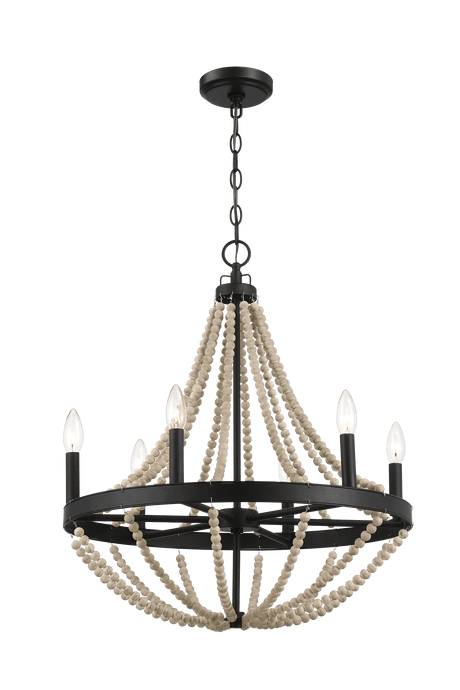 Starry Wood Chandelier Farmhouse Six Candle Light Wood Beaded Black Pendant Light for Dining Room - PNL03901301