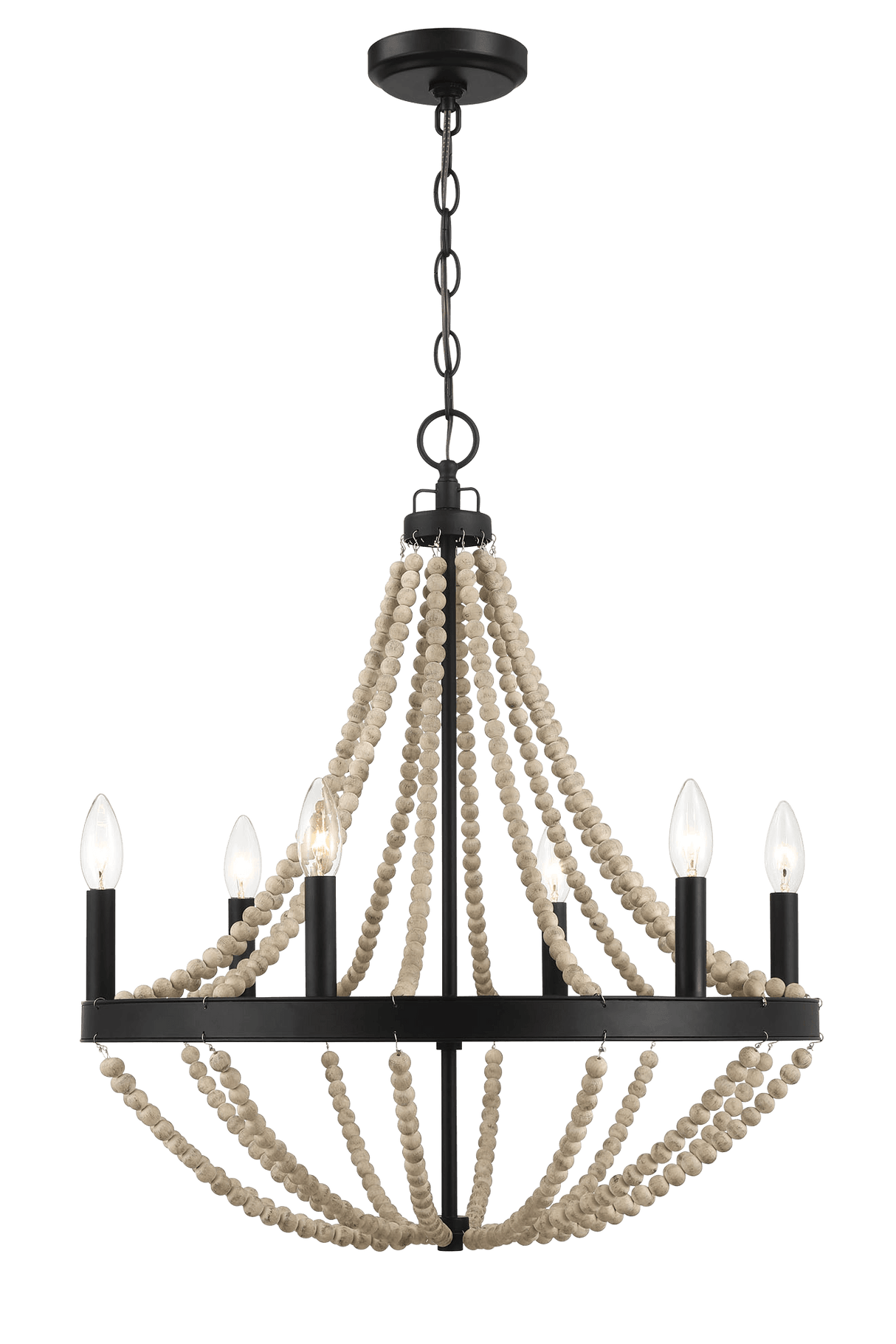 Starry Wood Chandelier Farmhouse Six Candle Light Wood Beaded Black Pendant Light for Dining Room - PNL03901301