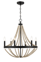 Starry Wood Chandelier Farmhouse Six Candle Light Wood Beaded Black Pendant Light for Dining Room - PNL03901301