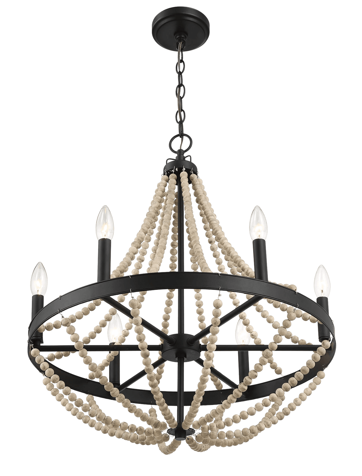 Starry Wood Chandelier Farmhouse Six Candle Light Wood Beaded Black Pendant Light for Dining Room - PNL03901301